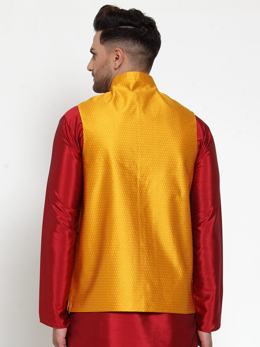 Jompers Men's Yellow Woven Jacquard Nehru Jacket | Grocsy