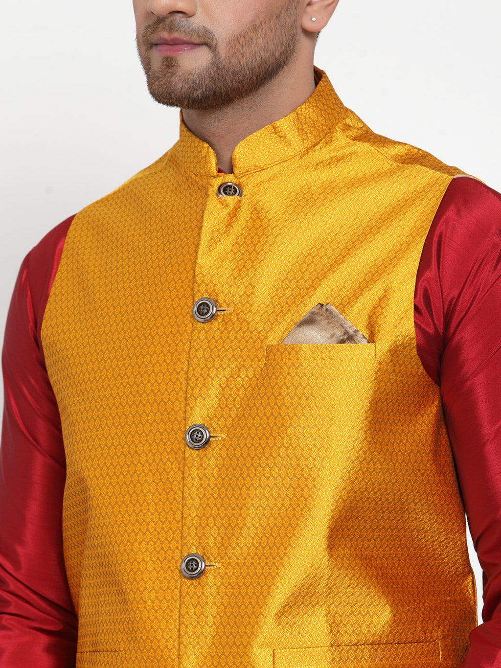 Jompers Men's Yellow Woven Jacquard Nehru Jacket | Grocsy