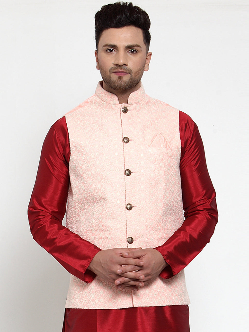Jompers Men's Pink Embroidered Nehru Jacket | Grocsy