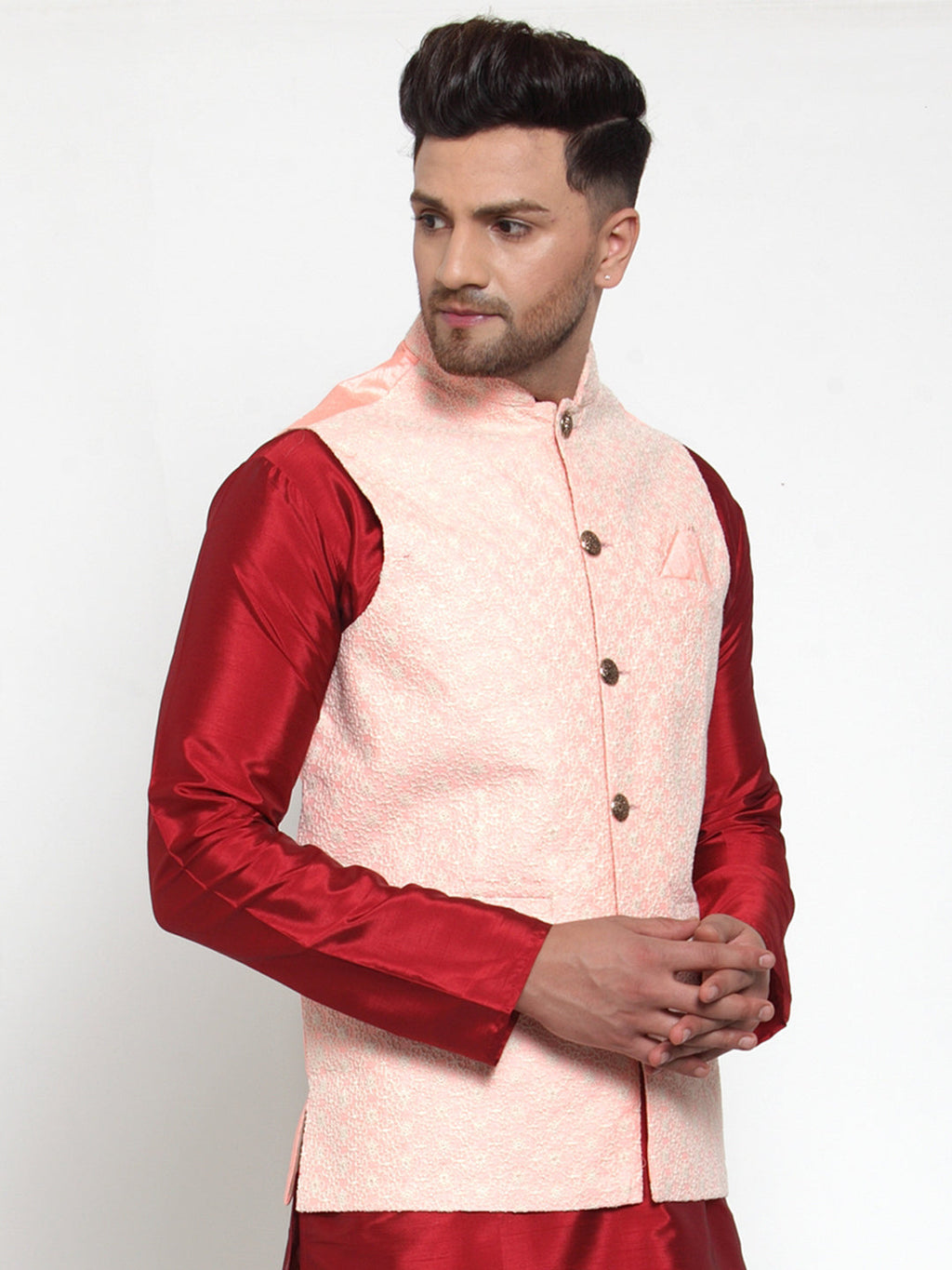 Jompers Men's Pink Embroidered Nehru Jacket | Grocsy