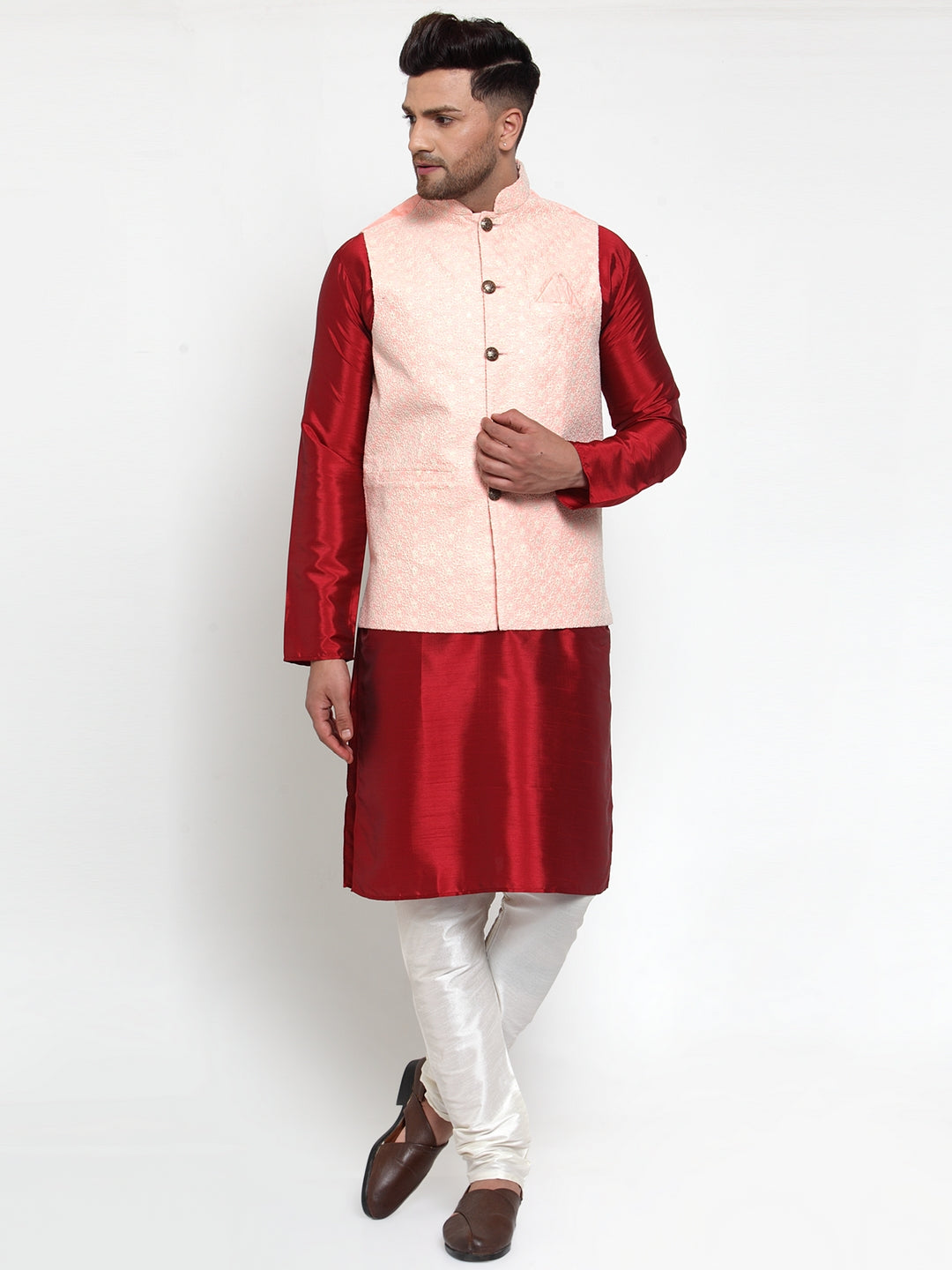 Jompers Men's Pink Embroidered Nehru Jacket | Grocsy