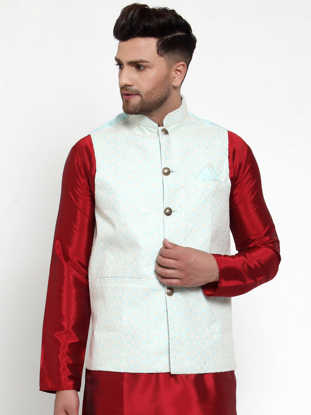Jompers Men Blue Embroidered Nehru Jacket | Grocsy