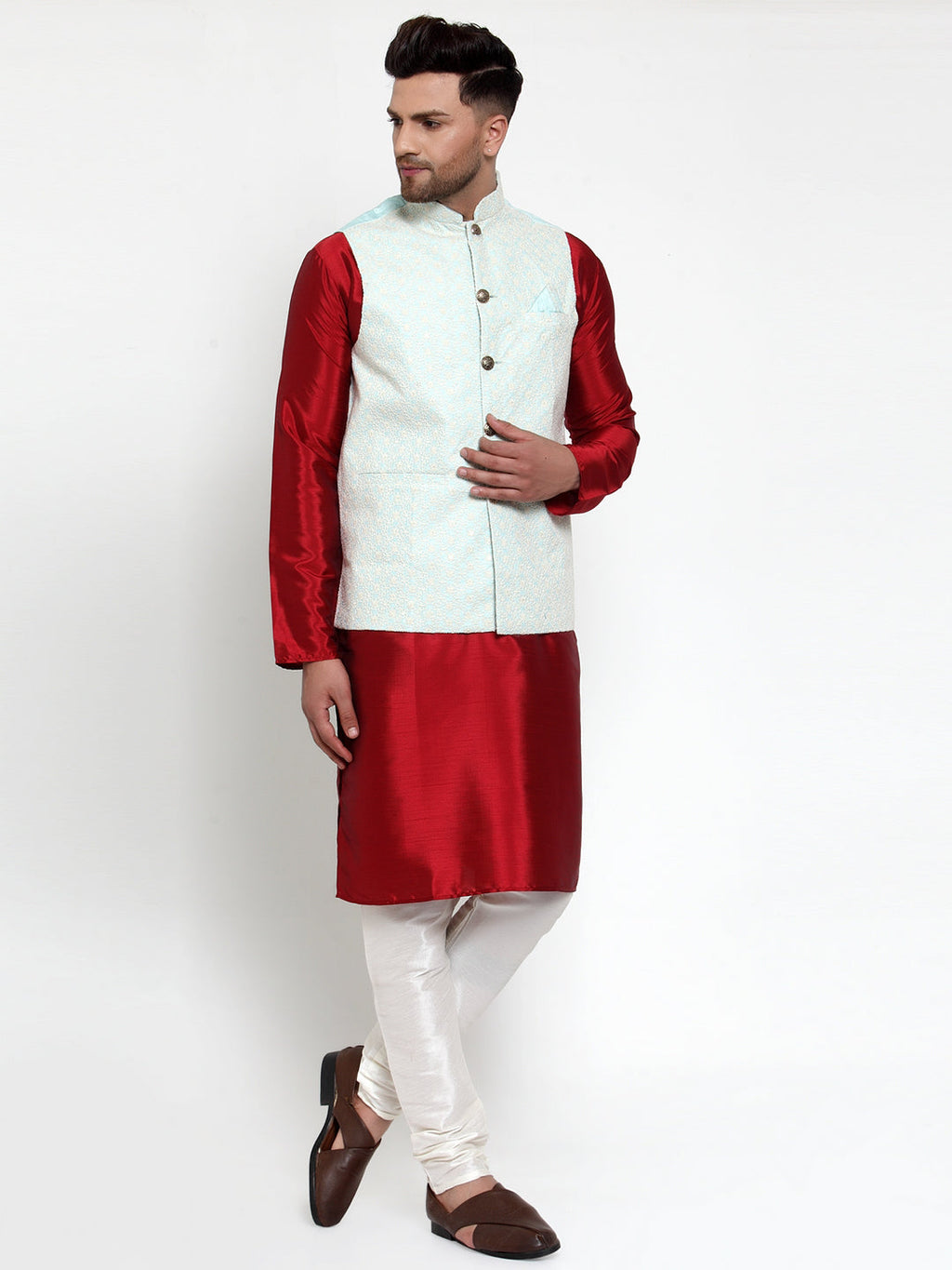 Jompers Men Blue Embroidered Nehru Jacket | Grocsy
