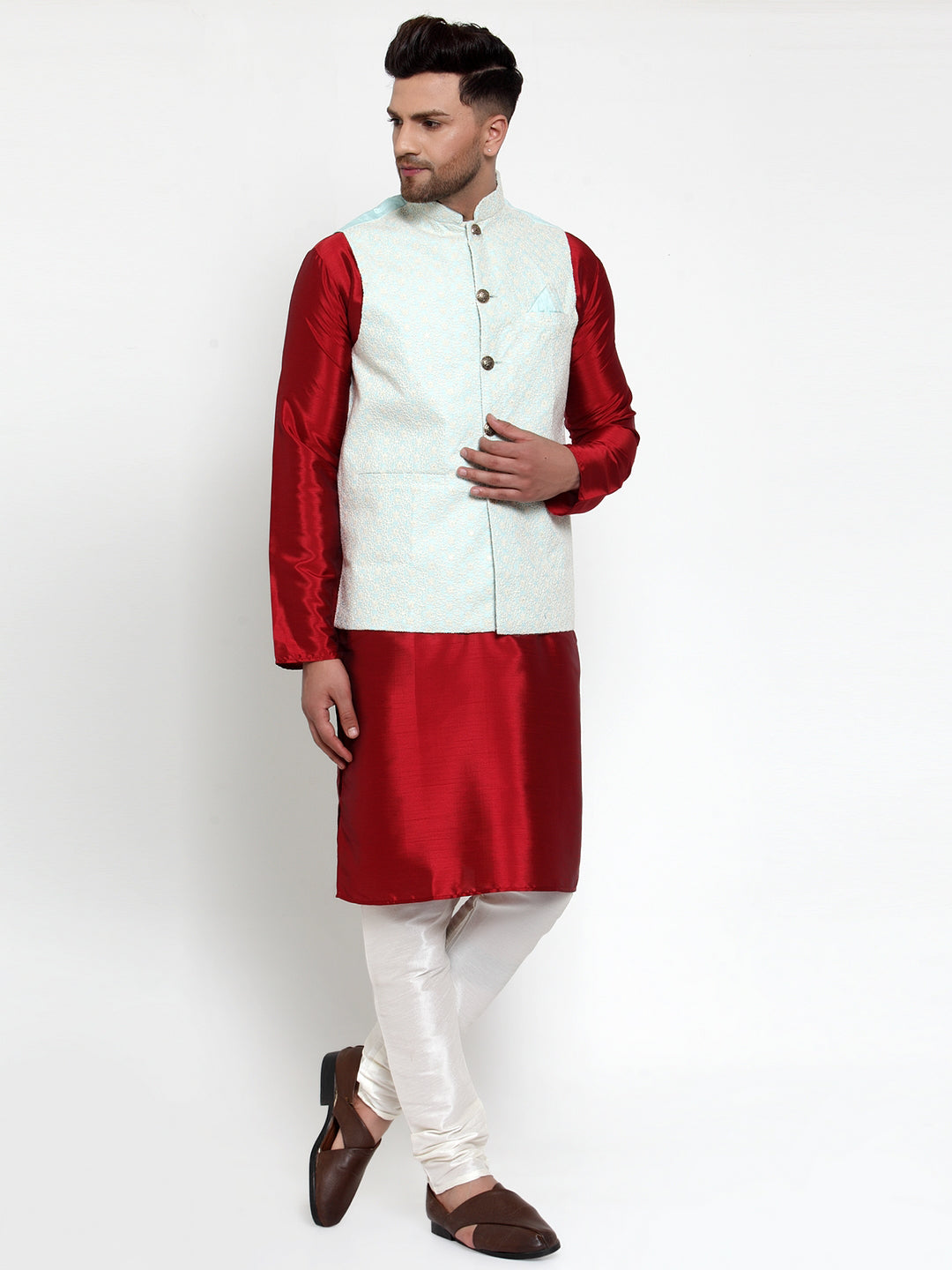 Jompers Men Blue Embroidered Nehru Jacket | Grocsy