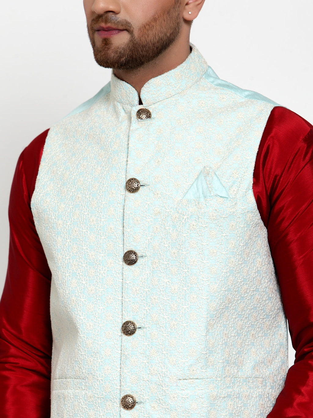 Jompers Men Blue Embroidered Nehru Jacket | Grocsy