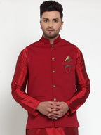 Jompers Men's Beautiful Maroon Woven Nehru Jacket | Grocsy