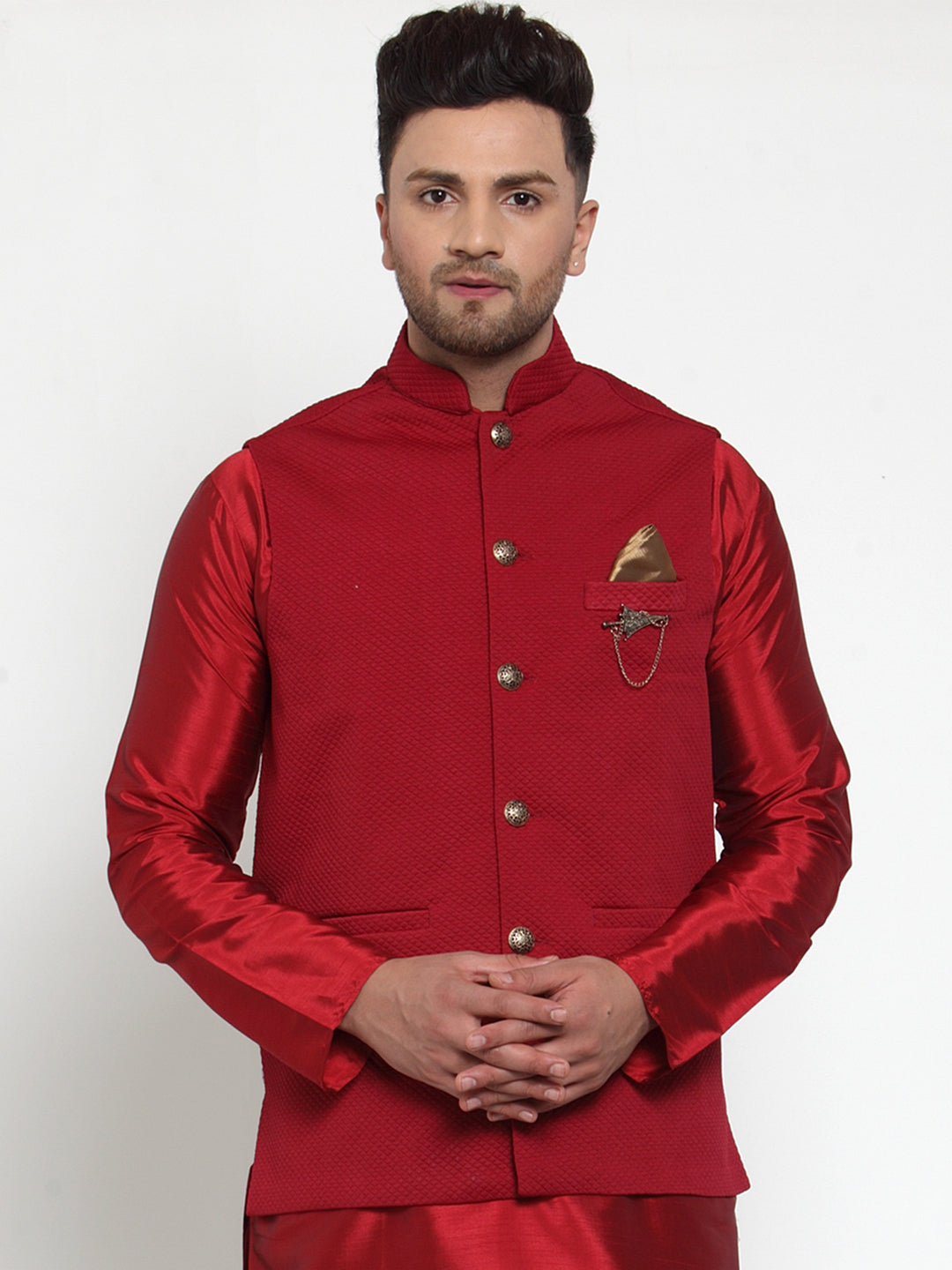 Jompers Men's Beautiful Maroon Woven Nehru Jacket | Grocsy
