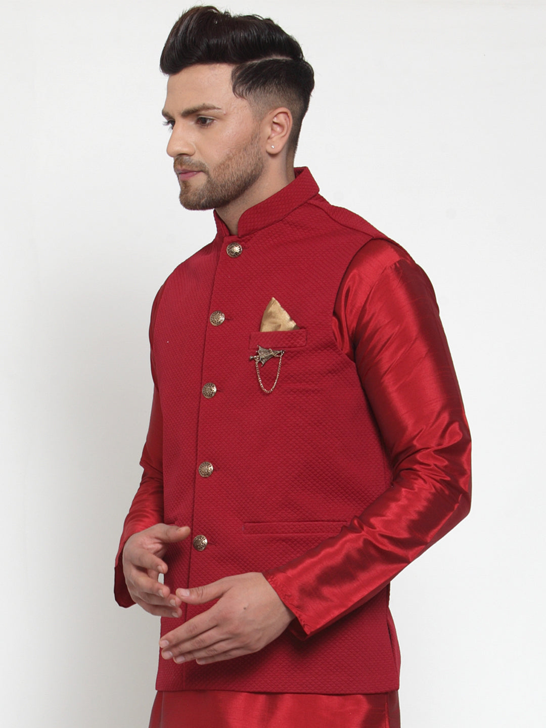 Jompers Men's Beautiful Maroon Woven Nehru Jacket | Grocsy