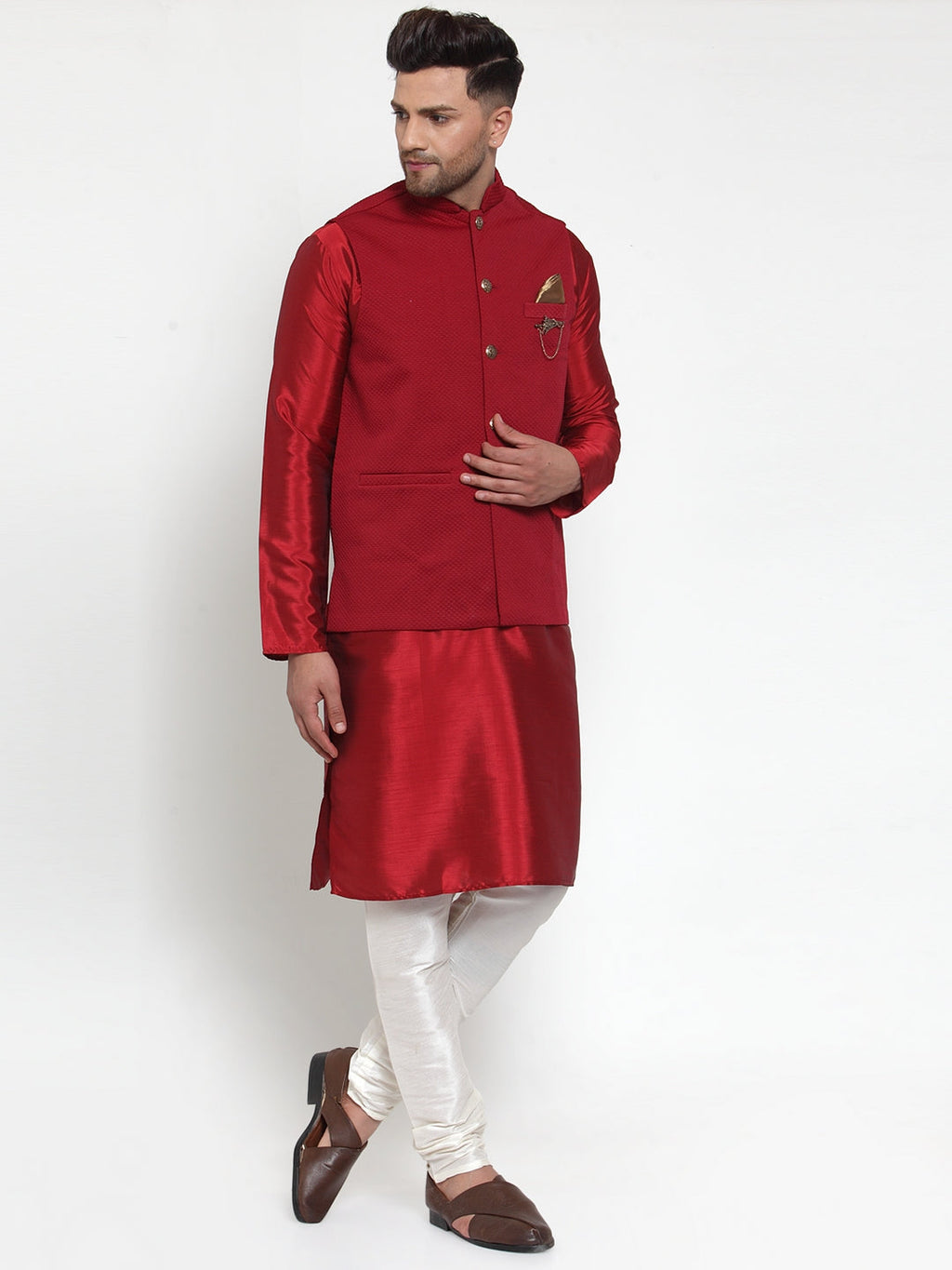 Jompers Men's Beautiful Maroon Woven Nehru Jacket | Grocsy
