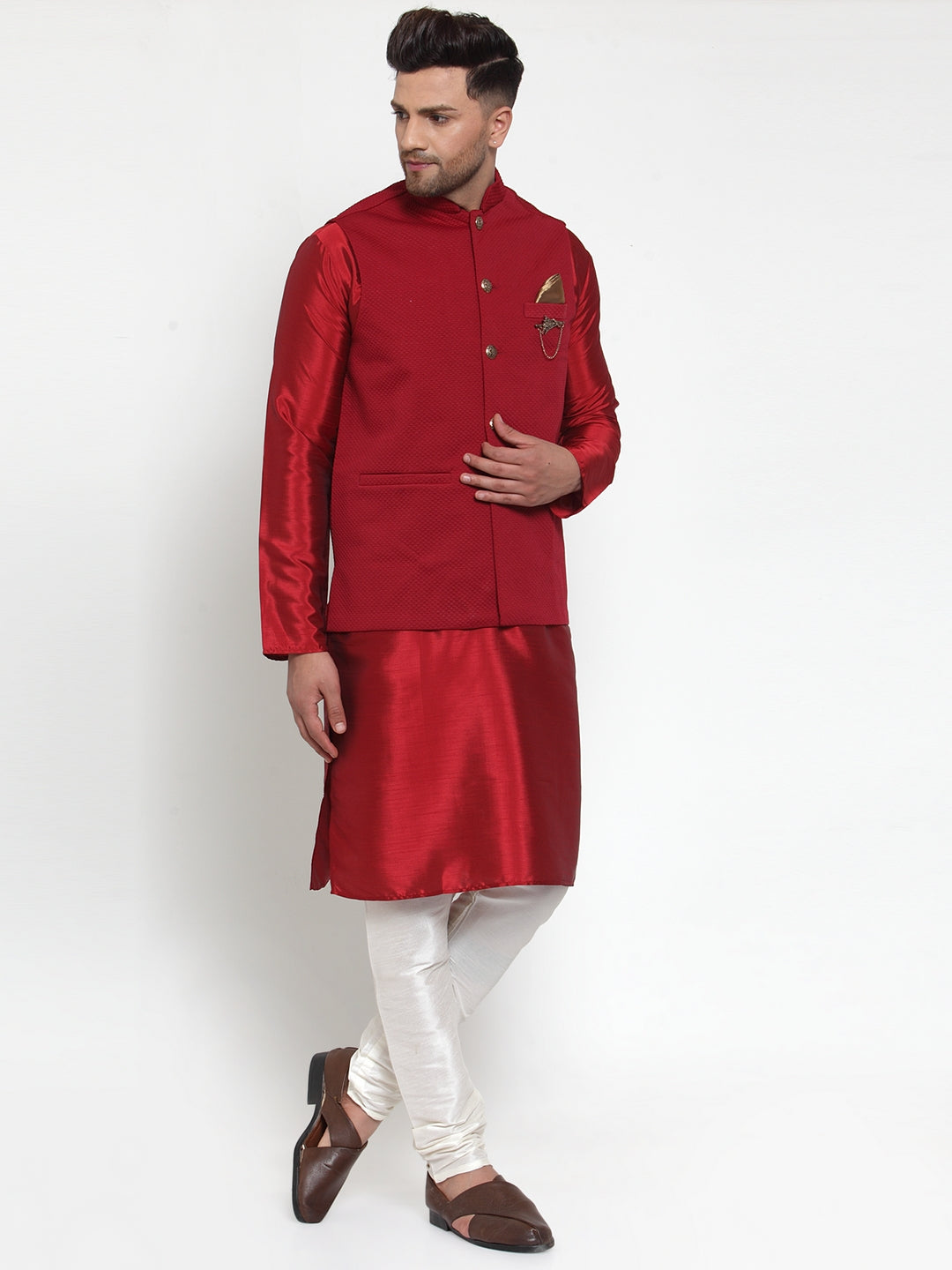 Jompers Men's Beautiful Maroon Woven Nehru Jacket | Grocsy