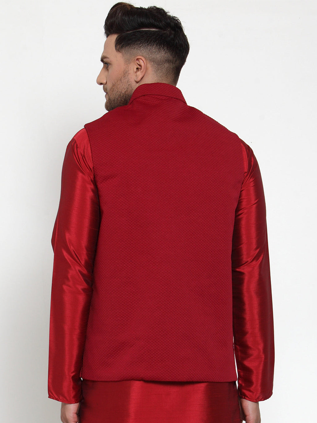 Jompers Men's Beautiful Maroon Woven Nehru Jacket | Grocsy
