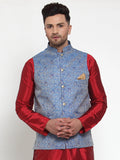 Jompers Men's Blue Woven Jacquard Nehru Jacket | Grocsy