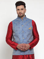 Jompers Men's Blue Woven Jacquard Nehru Jacket | Grocsy