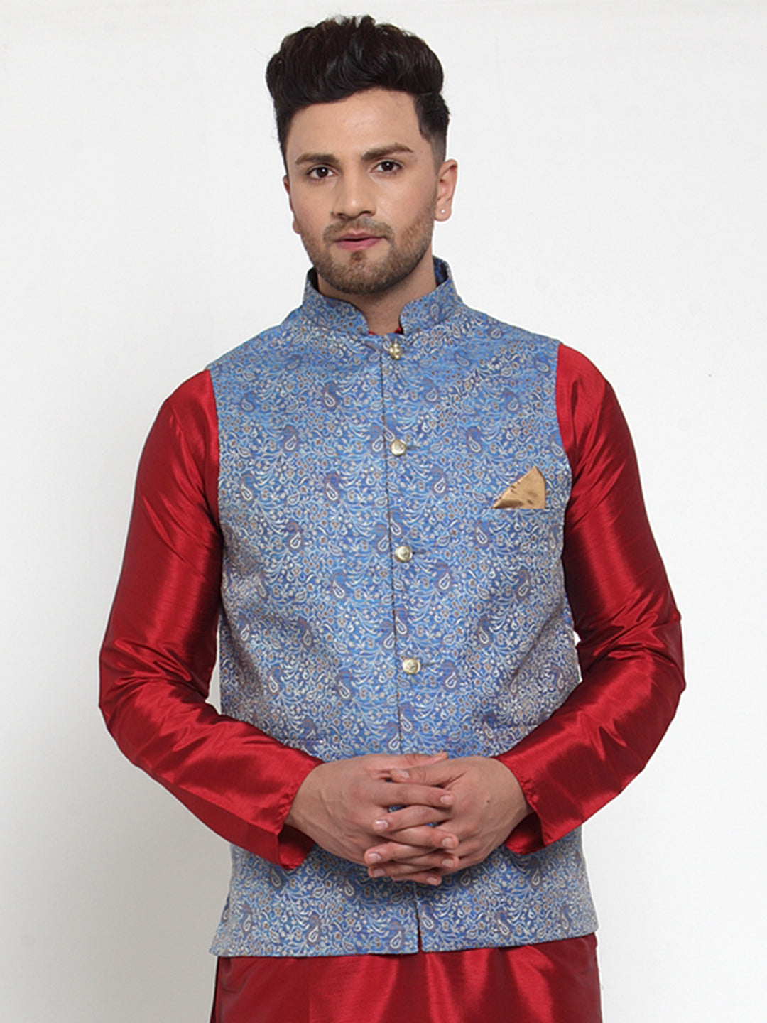 Jompers Men's Blue Woven Jacquard Nehru Jacket | Grocsy
