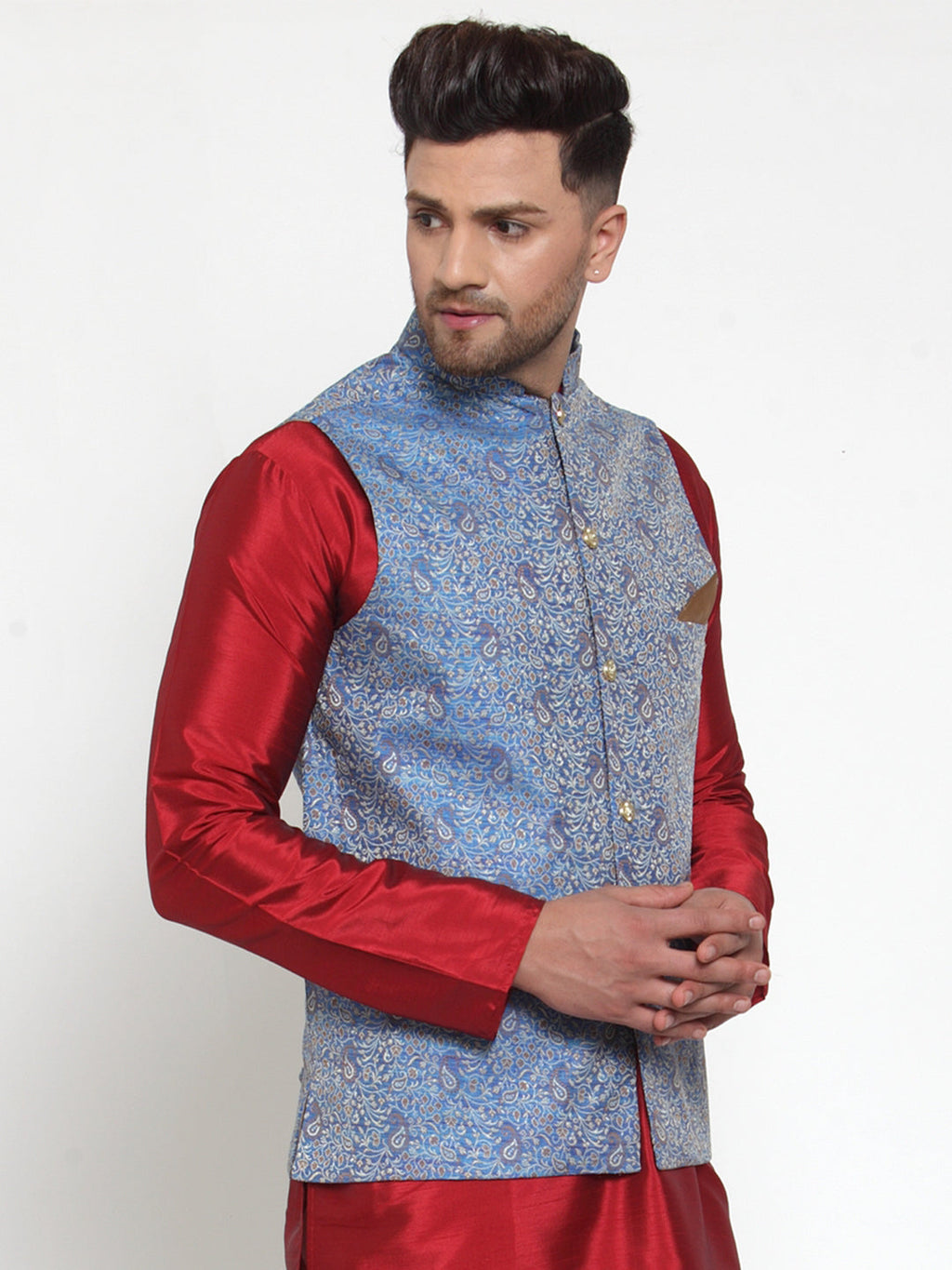 Jompers Men's Blue Woven Jacquard Nehru Jacket | Grocsy