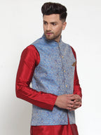 Jompers Men's Blue Woven Jacquard Nehru Jacket | Grocsy