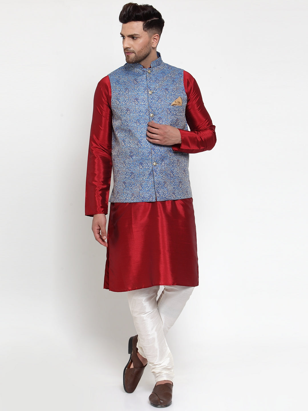 Jompers Men's Blue Woven Jacquard Nehru Jacket | Grocsy
