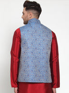 Jompers Men's Blue Woven Jacquard Nehru Jacket | Grocsy