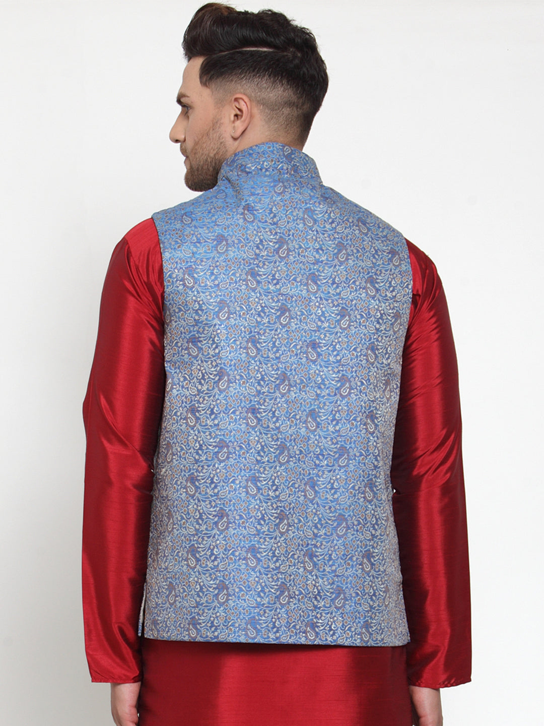 Jompers Men's Blue Woven Jacquard Nehru Jacket | Grocsy