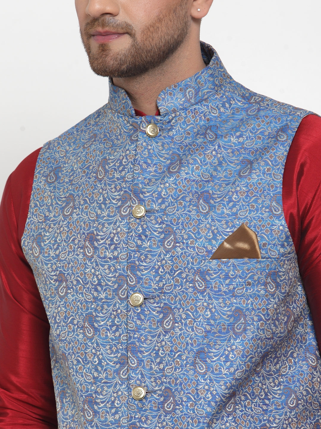 Jompers Men's Blue Woven Jacquard Nehru Jacket | Grocsy
