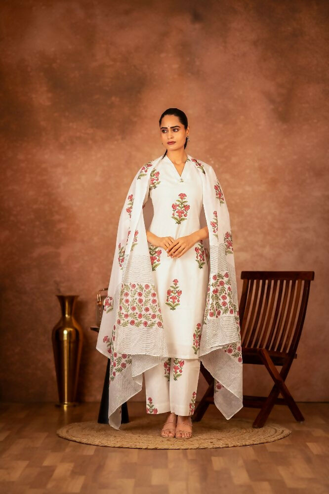 Joban Fashion Off White Pink Hand Block Printed Cotton Suit Set | Grocsy