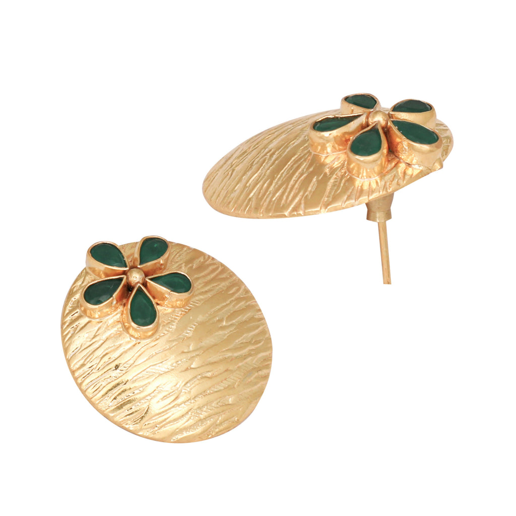 Nuyug 22K Gold-Plated Faux Emerald Stones Studded Circular Floral Shaped Motif Studs | Grocsy