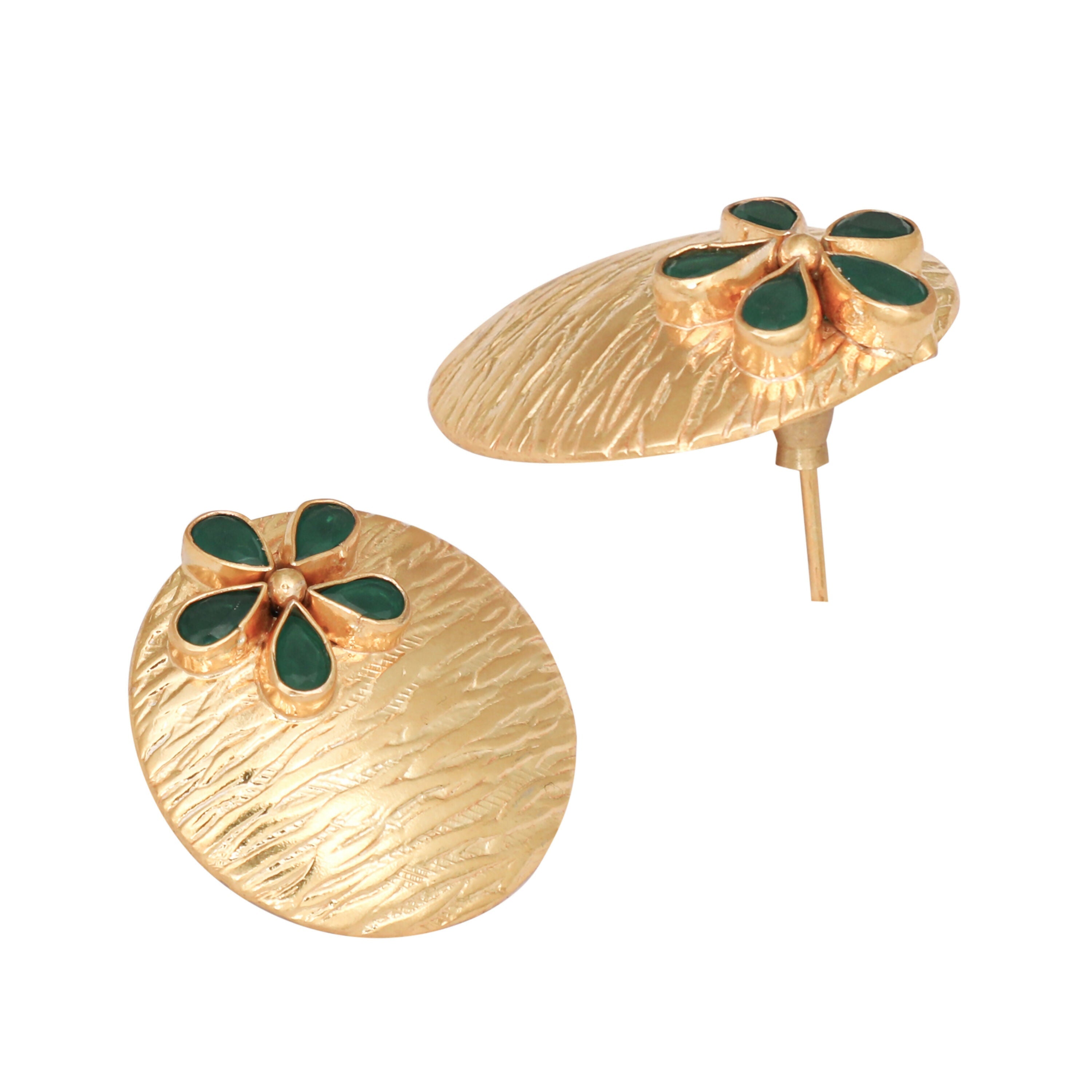 Nuyug 22K Gold-Plated Faux Emerald Stones Studded Circular Floral Shaped Motif Studs | Grocsy