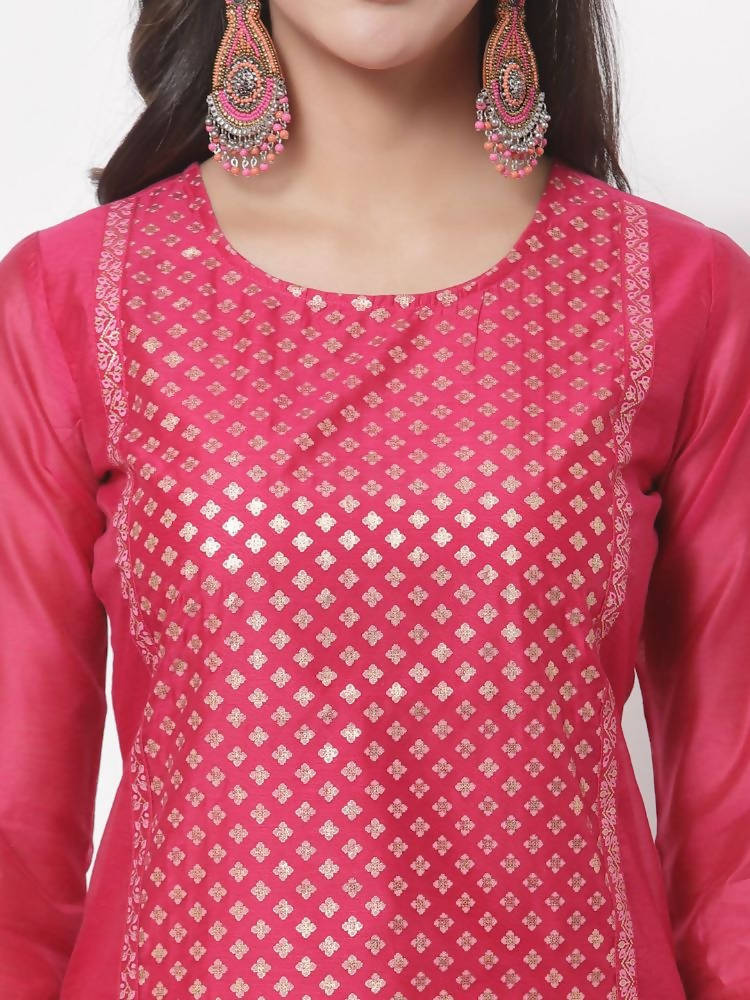 Myshka Women's Cotton Printed 3/4 Sleeve Round Neck Casual Dark Pink Kurta Pant Dupatta Set | Grocsy