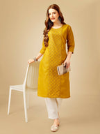 Jyoti Fashion Women's Yellow Cotton Blend Embroidered Kurta Pant Set | Grocsy