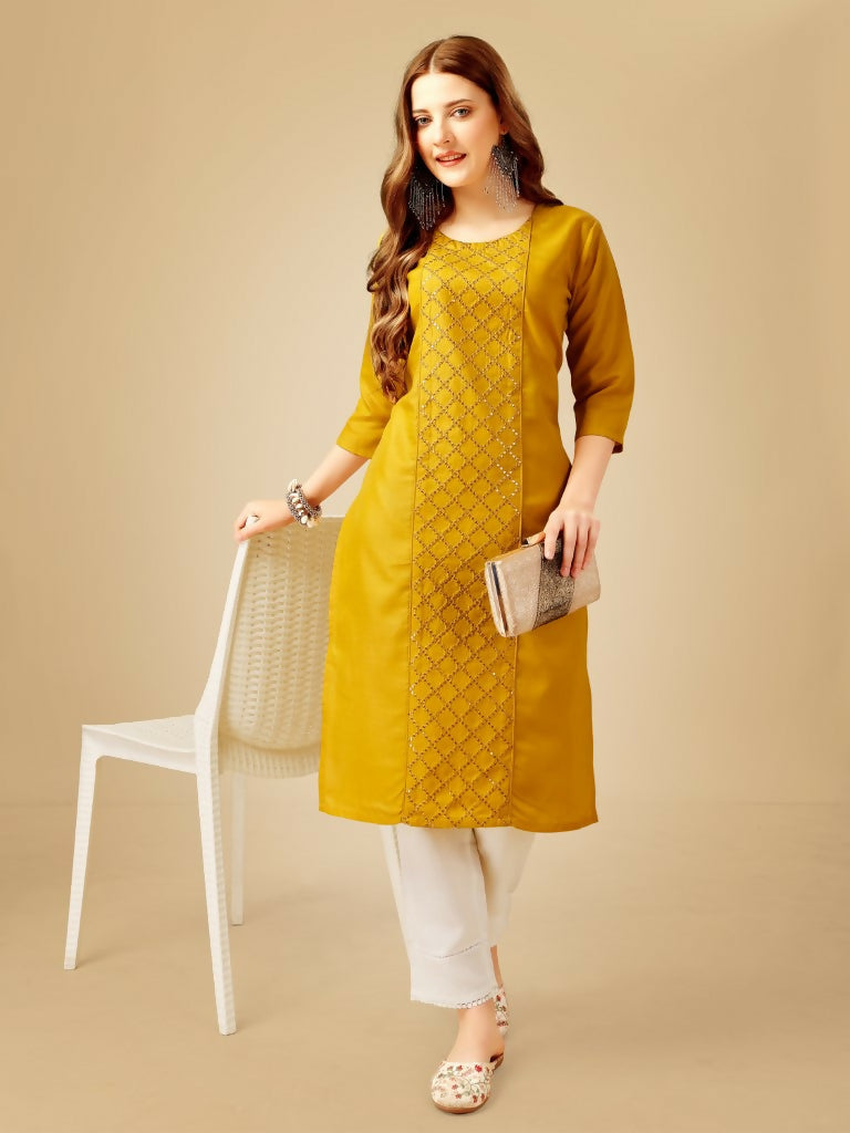 Jyoti Fashion Women's Yellow Cotton Blend Embroidered Kurta Pant Set | Grocsy