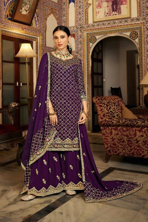 Purple Heavy Chinon Semi Stitched Kurta with Bottom & Dupatta - Dhvani | Grocsy