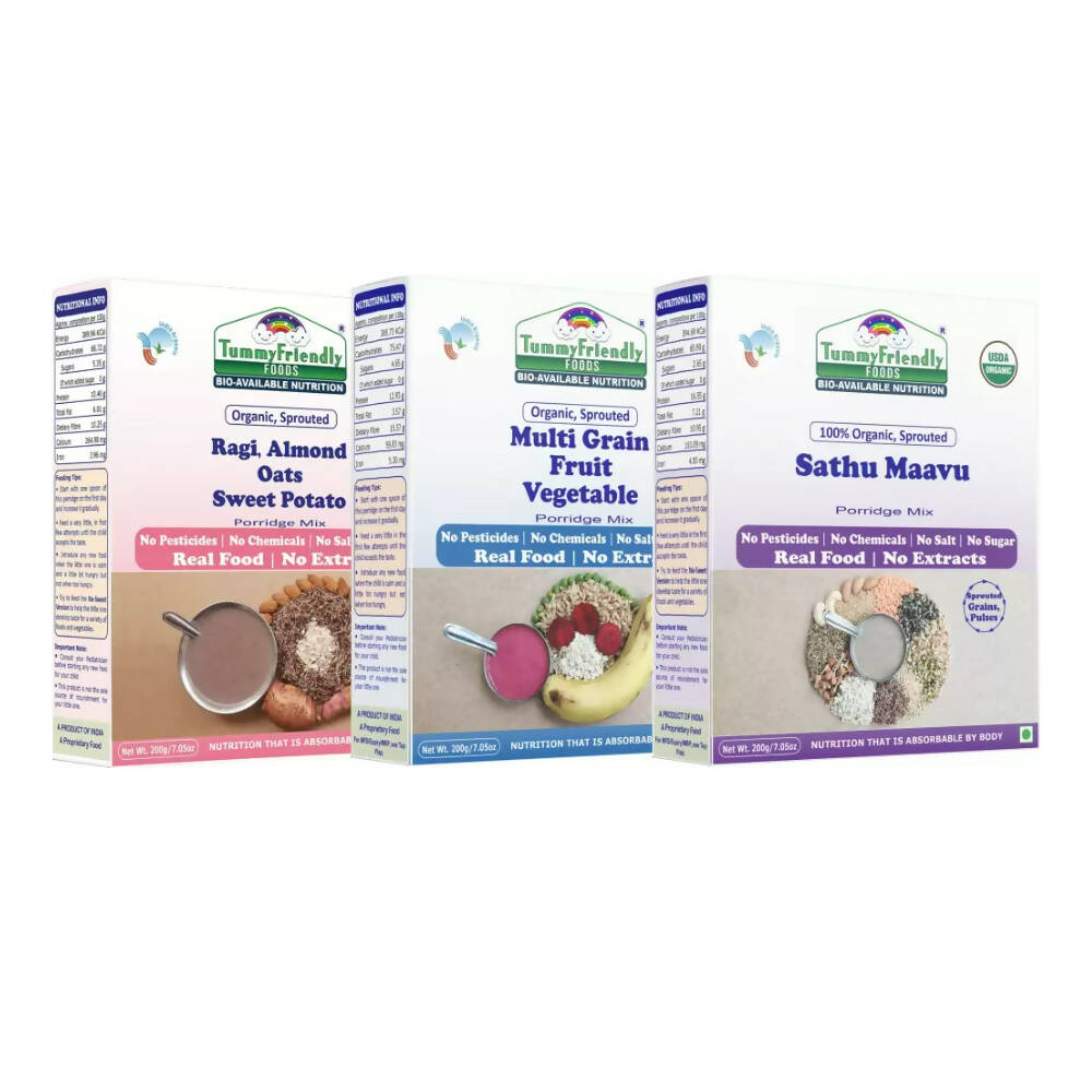TummyFriendly Foods Certified Organic Multi-Grain, Sprouted Ragi, Oats, Red Lentil, Banana and Sathu Maavu Porridge Mixes Combo | Grocsy
