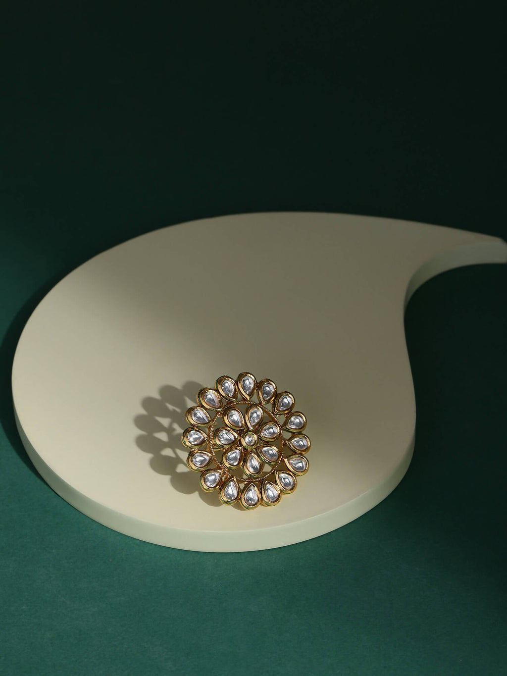 Gold-Polished White Kundan-Studded Adjustable Finger Ring - Ruby Raang | Grocsy