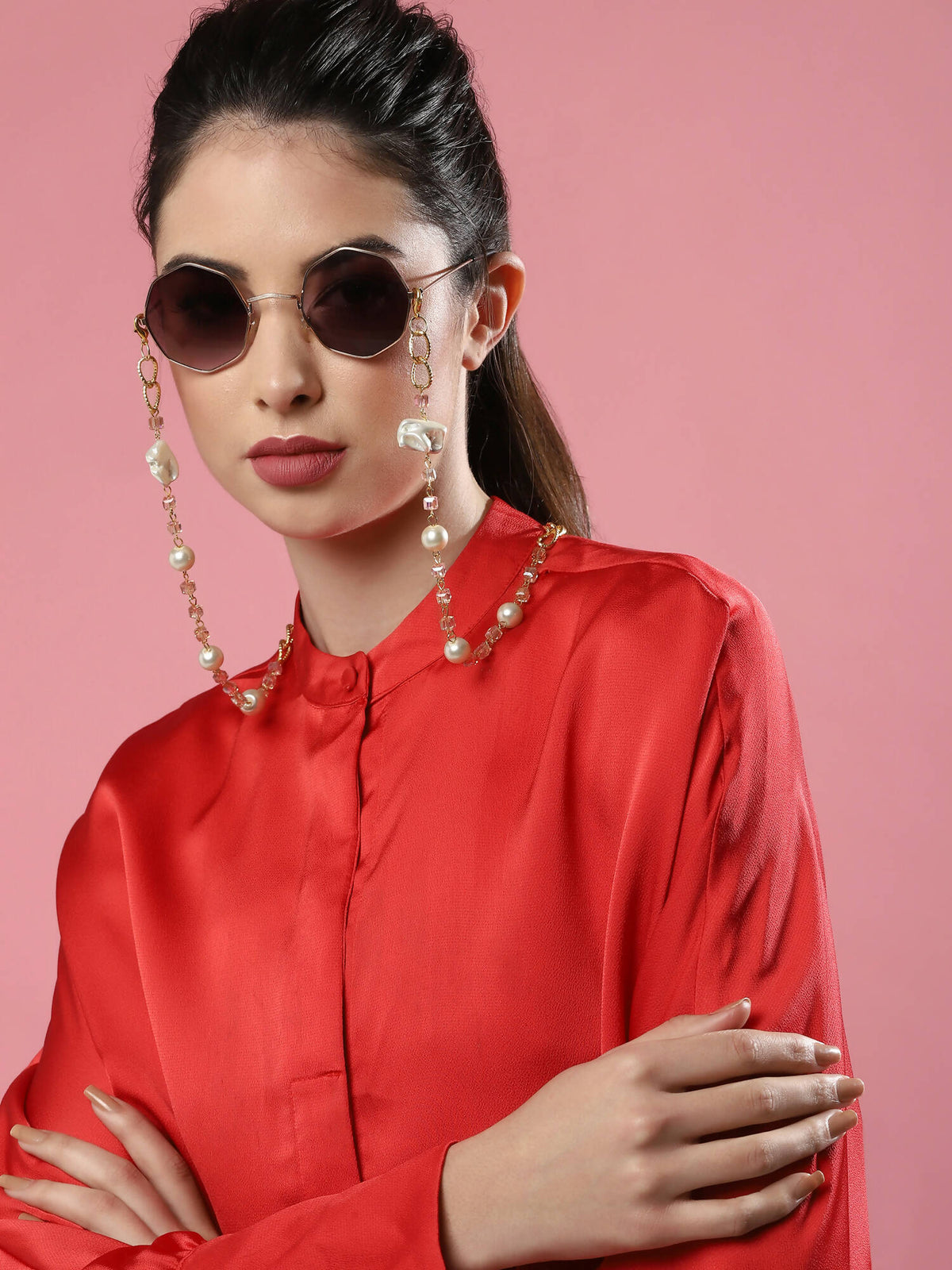 White Golden Embellished Mask Chain - Ruby Raang | Grocsy