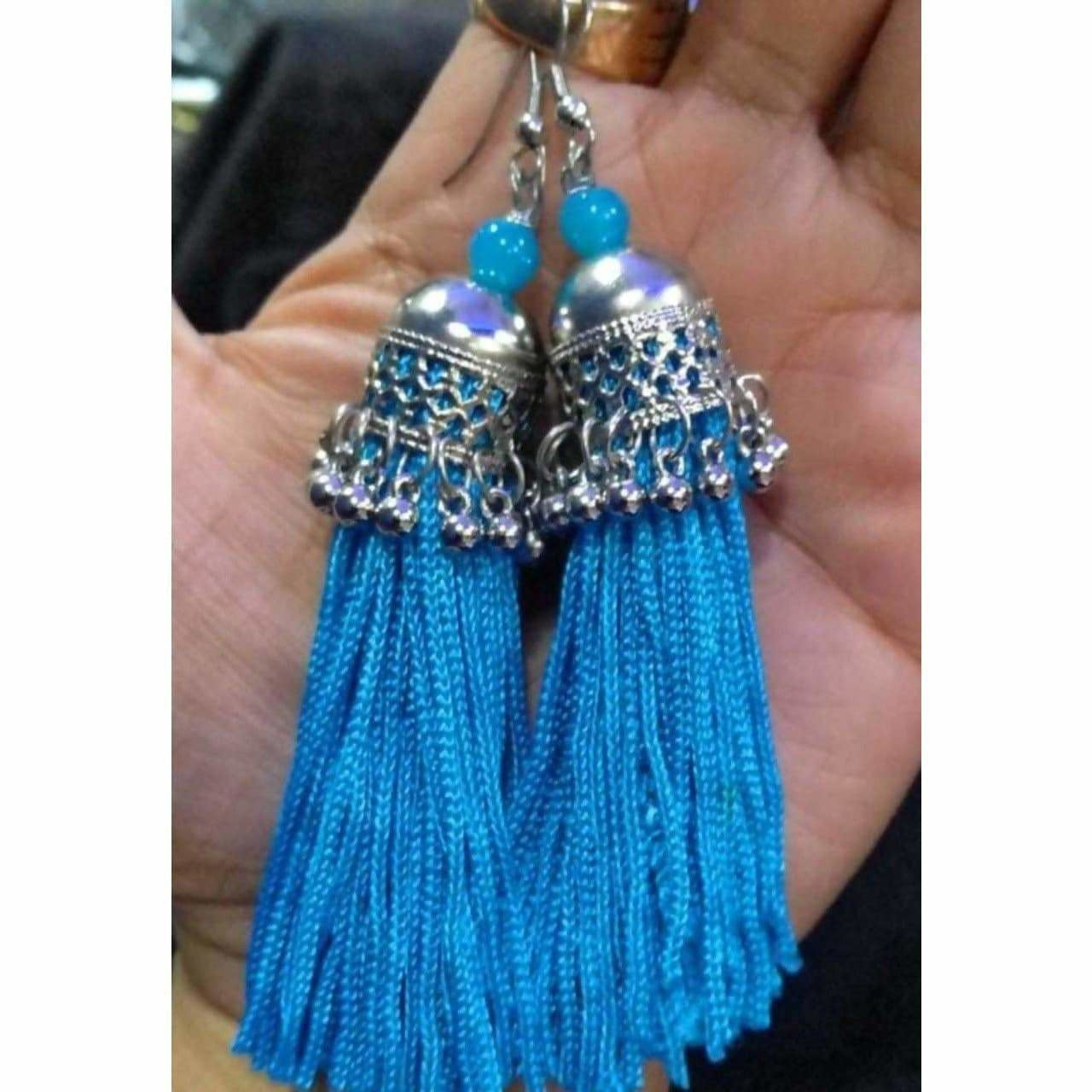 MS Fashion India Latest Fashion Blue Hanging Threads In Jhumka Earrings | Grocsy