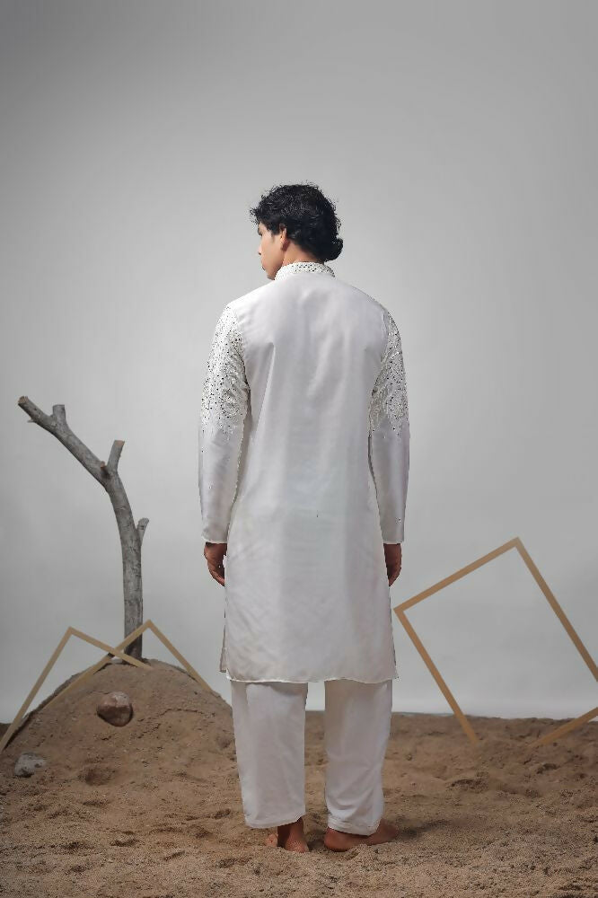 White Greek Satin Heavy Embroidery Work Kurta Set - Mahotsav | Grocsy