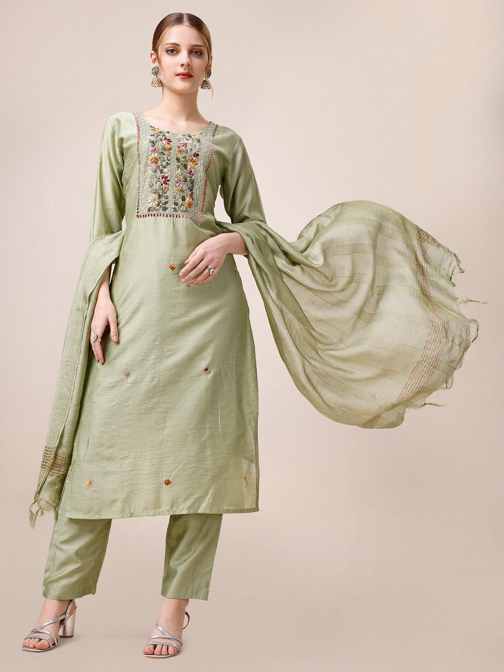 Embroidered Kurta With Pant And Dupatta Set, Multicolor - Hiral Fashion | Grocsy