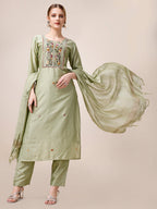 Embroidered Kurta With Pant And Dupatta Set, Multicolor - Hiral Fashion | Grocsy