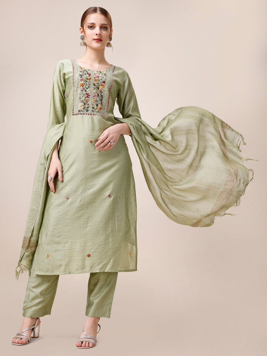 Embroidered Kurta With Pant And Dupatta Set, Multicolor - Hiral Fashion | Grocsy