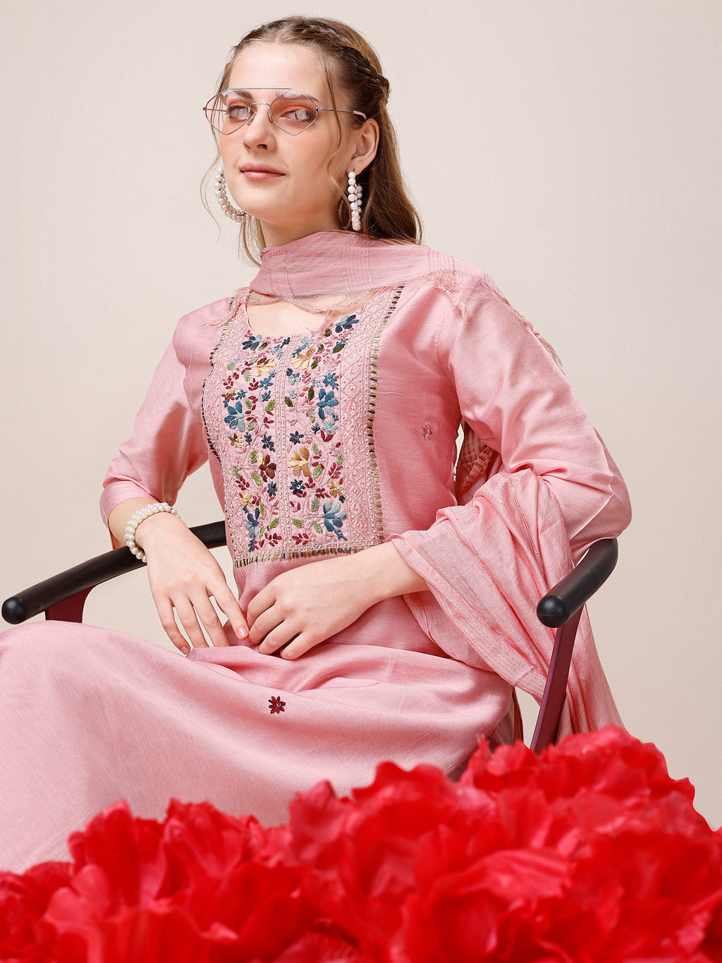 Embroidered Kurta With Pant And Dupatta Set, Multicolor - Hiral Fashion | Grocsy
