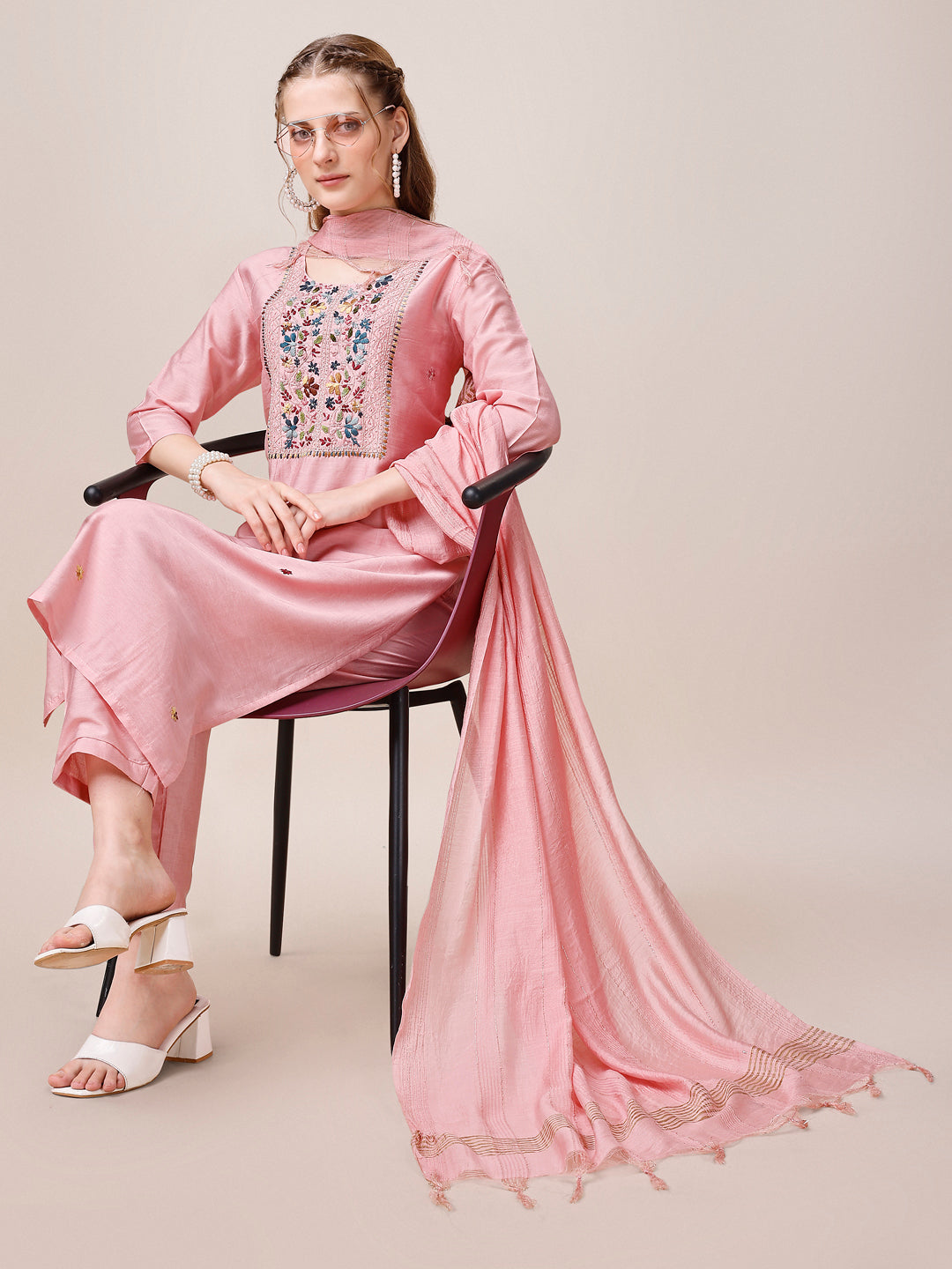 Embroidered Kurta With Pant And Dupatta Set, Multicolor - Hiral Fashion | Grocsy