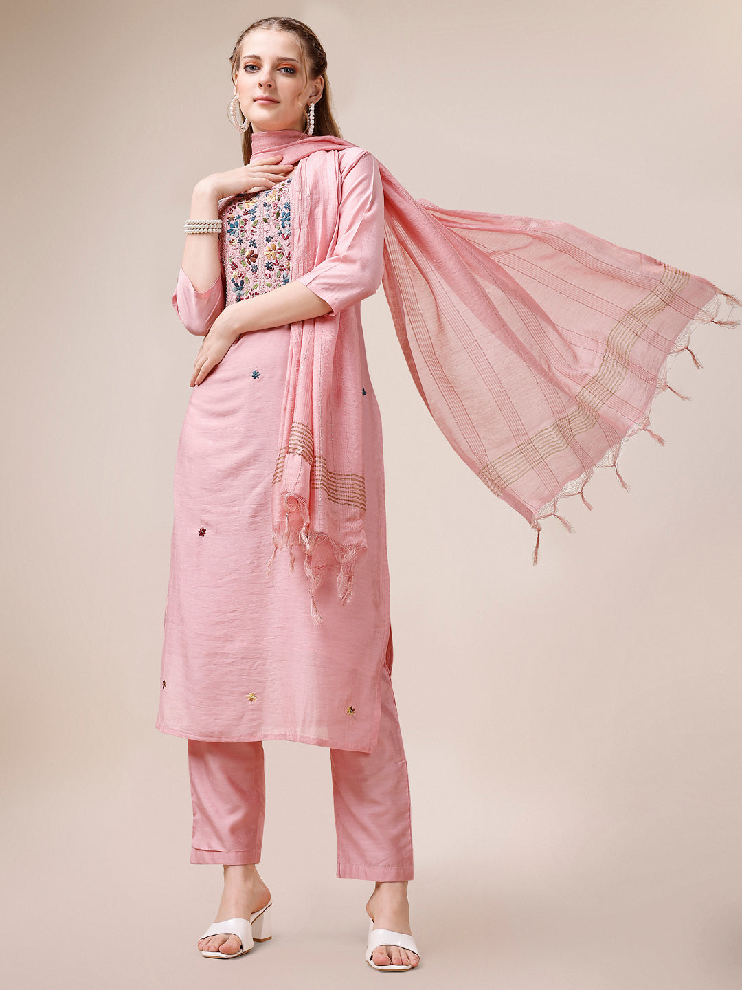 Embroidered Kurta With Pant And Dupatta Set, Multicolor - Hiral Fashion | Grocsy