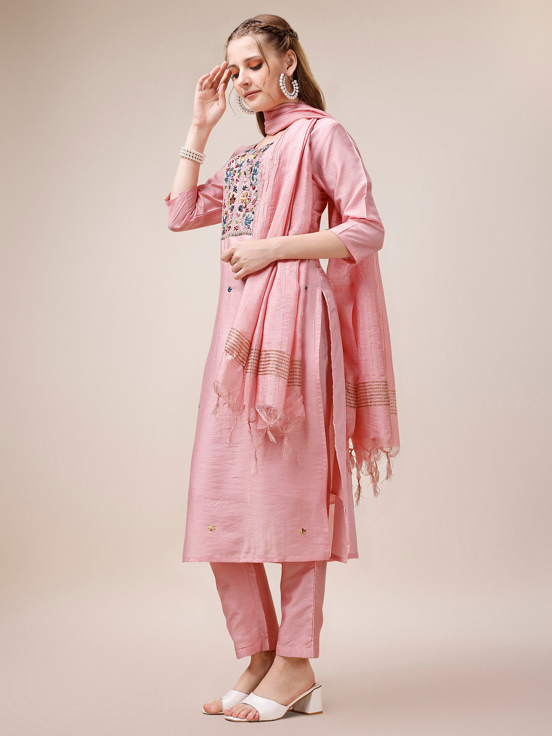 Embroidered Kurta With Pant And Dupatta Set, Multicolor - Hiral Fashion | Grocsy