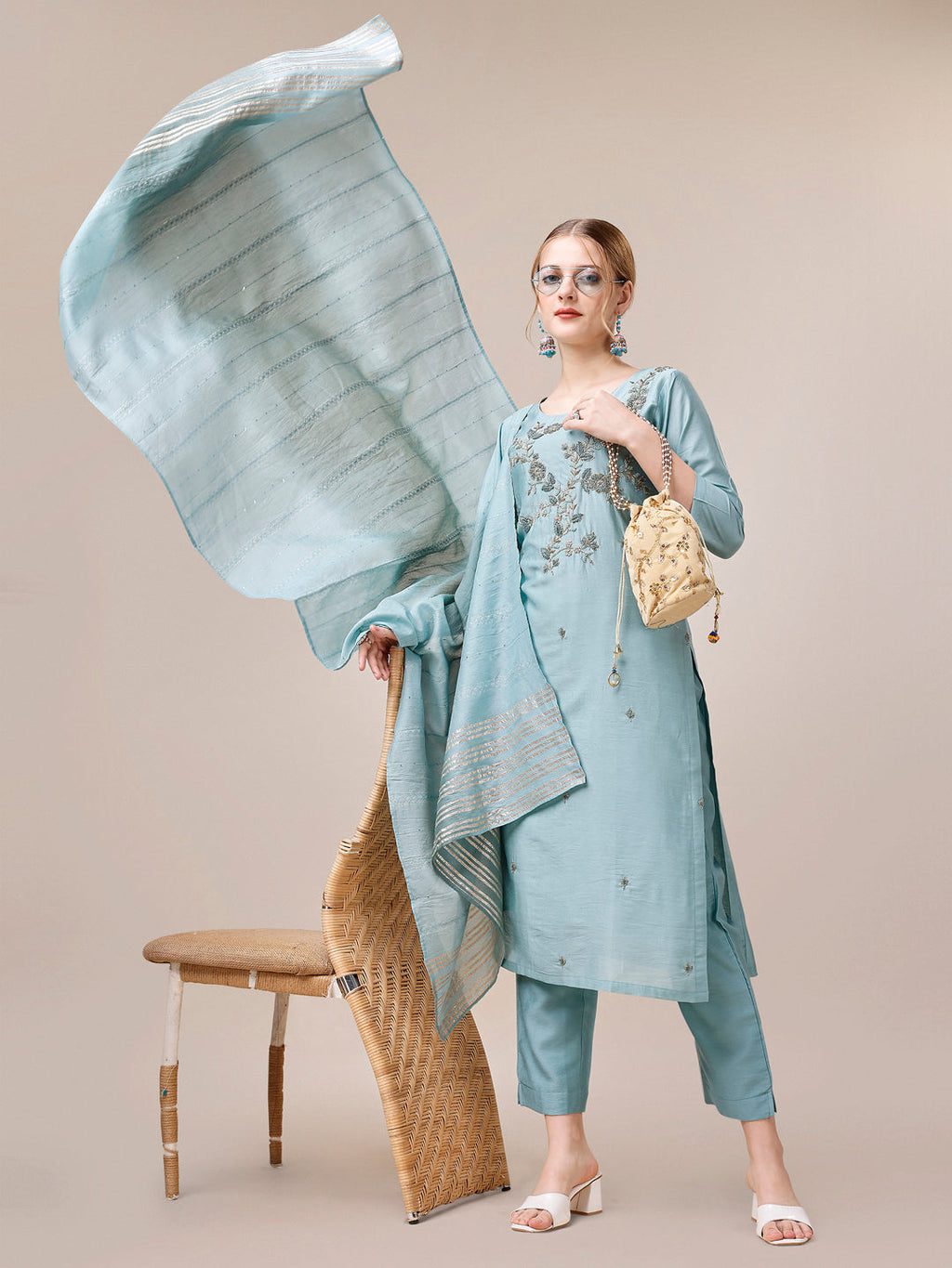 Hand Embroidered Kurta With Pant And Dupatta Set, Multicolor - Hiral Fashion | Grocsy