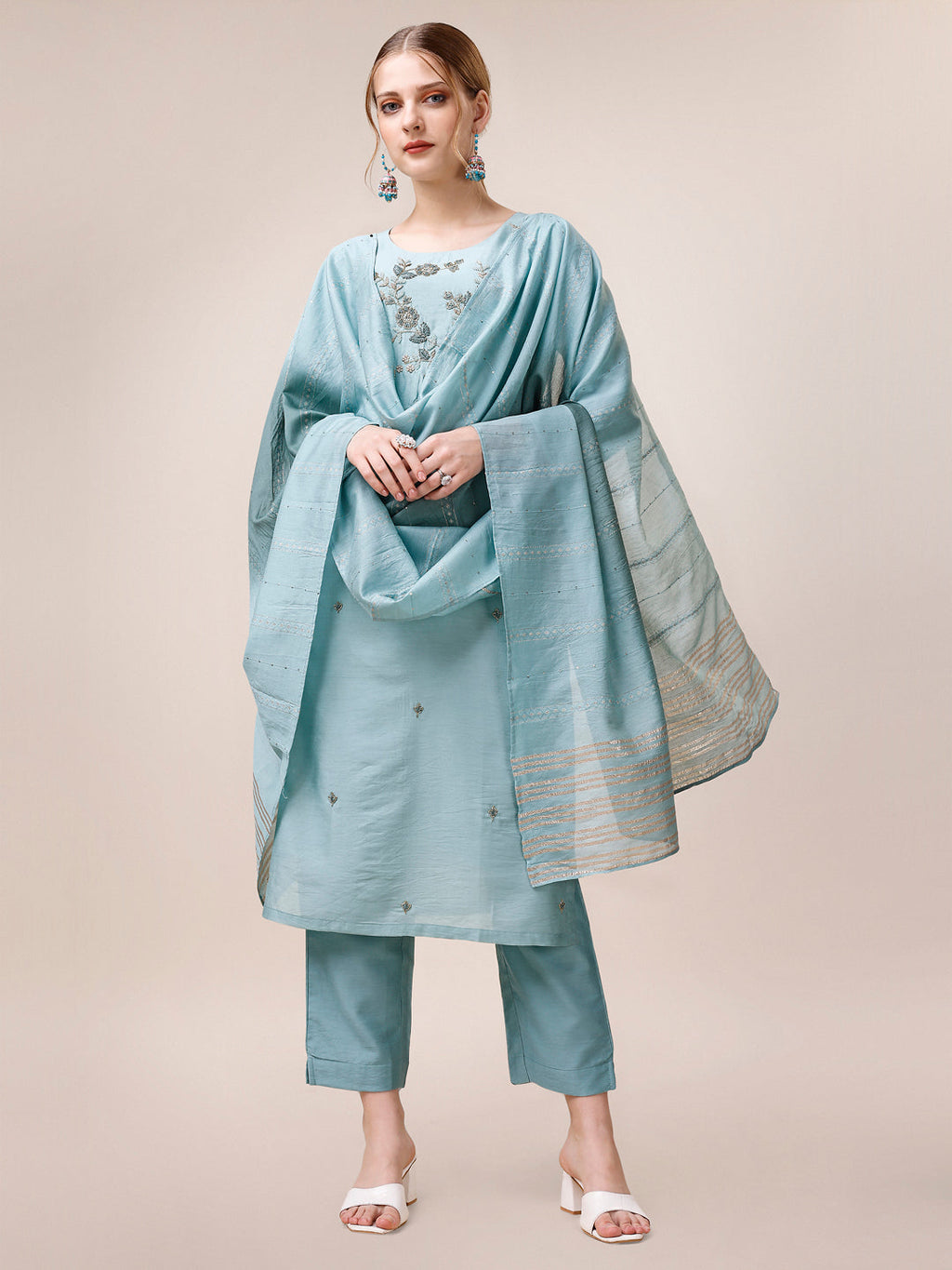 Hand Embroidered Kurta With Pant And Dupatta Set, Multicolor - Hiral Fashion | Grocsy