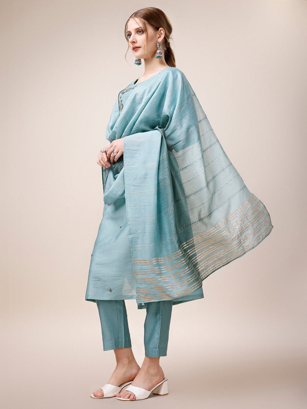 Hand Embroidered Kurta With Pant And Dupatta Set, Multicolor - Hiral Fashion | Grocsy