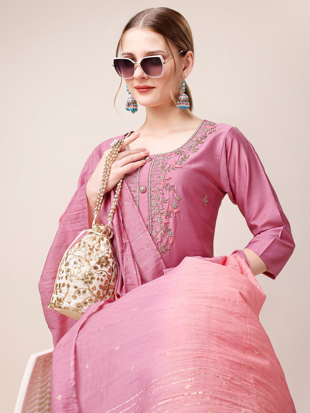 Hand Embroidered Kurta With Pant And Dupatta Set, Multicolor - Hiral Fashion | Grocsy