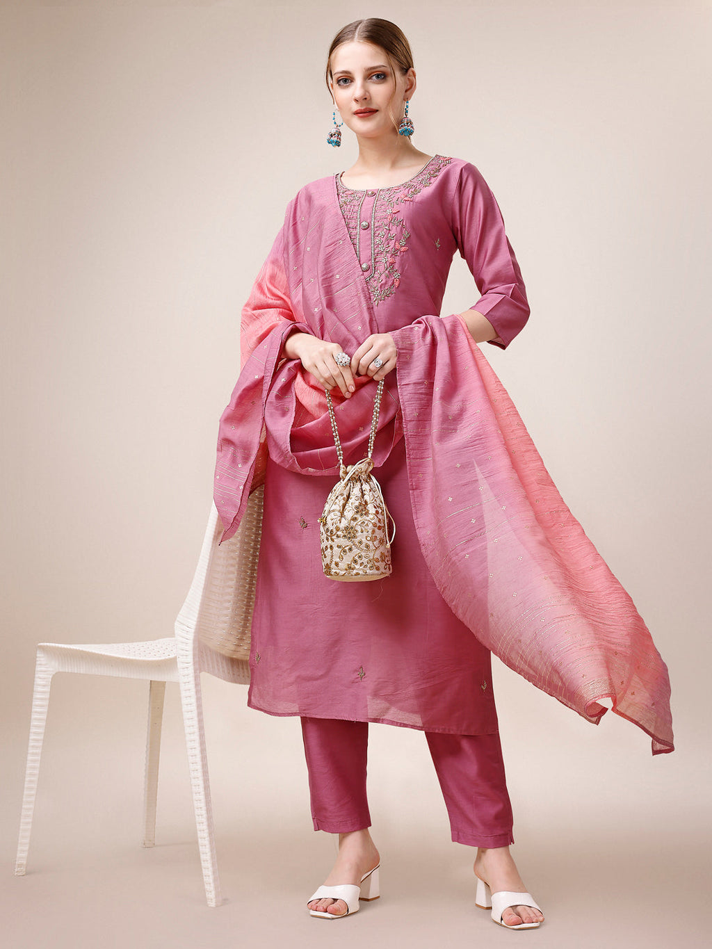 Hand Embroidered Kurta With Pant And Dupatta Set, Multicolor - Hiral Fashion | Grocsy