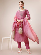 Hand Embroidered Kurta With Pant And Dupatta Set, Multicolor - Hiral Fashion | Grocsy