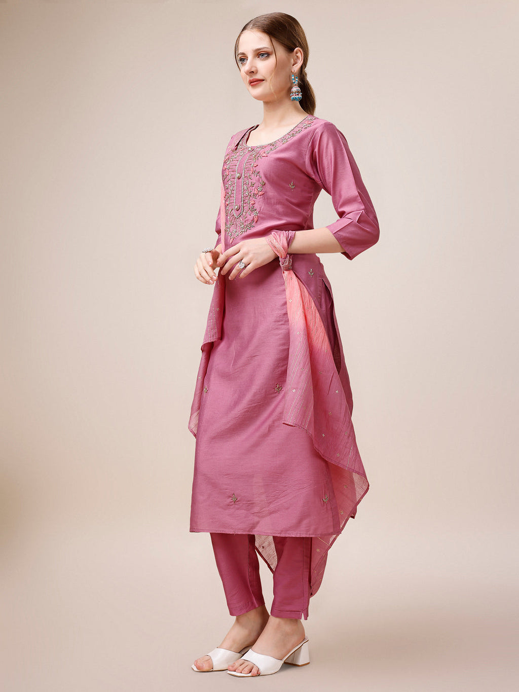 Hand Embroidered Kurta With Pant And Dupatta Set, Multicolor - Hiral Fashion | Grocsy